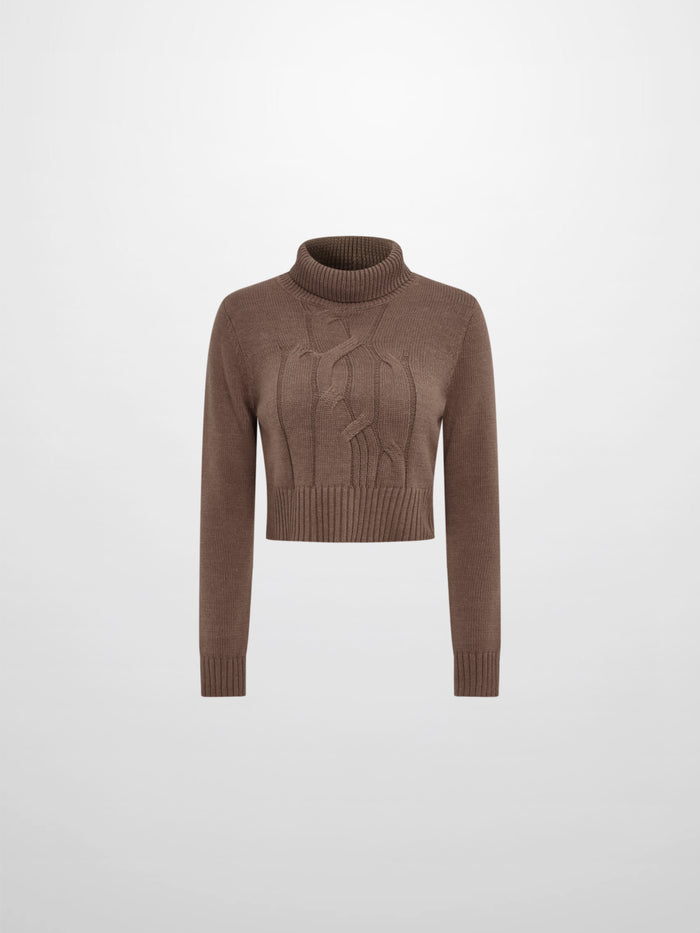 Front Cable Crop Turtleneck Sweater - Warm Taupe