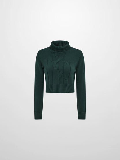 Front Cable Crop Turtleneck Sweater - Green