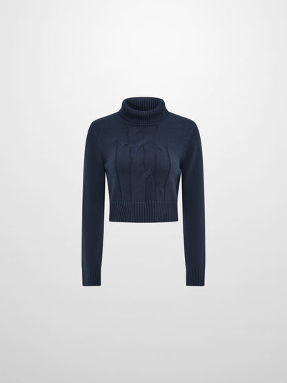 Front Cable Crop Turtleneck Sweater - Navy