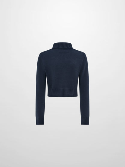 Front Cable Crop Turtleneck Sweater - Navy