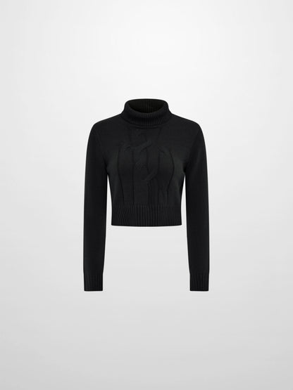 Front Cable Crop Turtleneck Sweater - Black