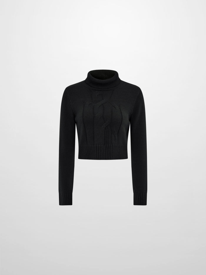 Front Cable Crop Turtleneck Sweater - Black