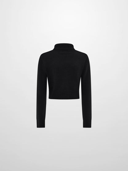 Front Cable Crop Turtleneck Sweater - Black