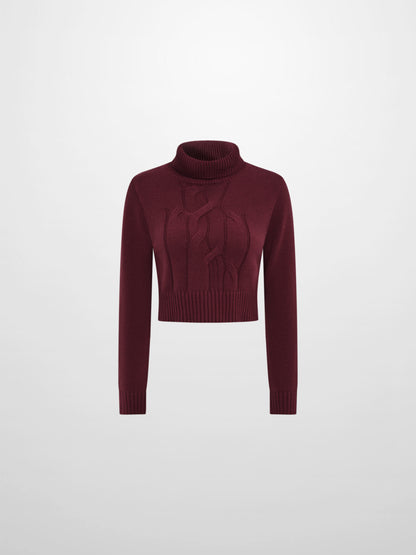 Front Cable Crop Turtleneck Sweater - Burgundy
