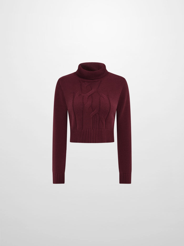 Front Cable Crop Turtleneck Sweater - Burgundy