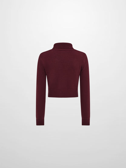 Front Cable Crop Turtleneck Sweater - Burgundy