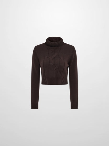 Front Cable Crop Turtleneck Sweater - Brown