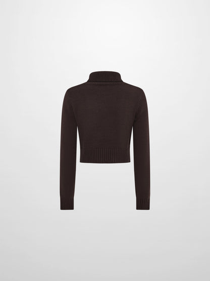 Front Cable Crop Turtleneck Sweater - Brown