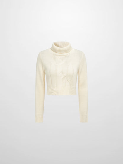 Front Cable Crop Turtleneck Sweater - Cream