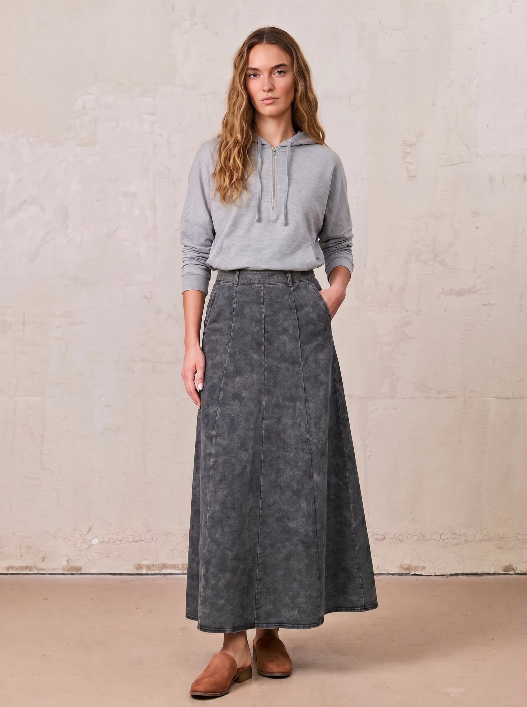 Ribbed Half Zip Hoodie Tee-Grey