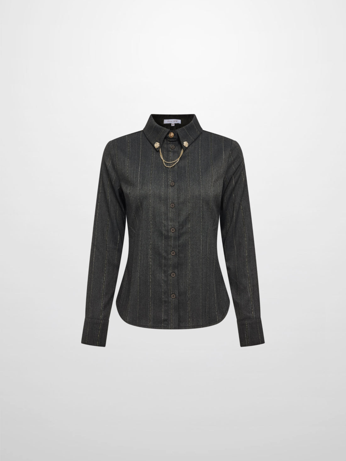 Chain Collar Blouse - Grey Pinstripe