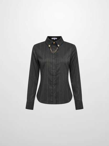 Chain Collar Blouse - Grey Pinstripe