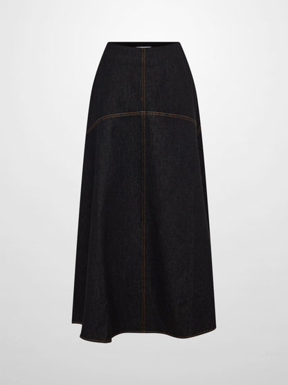 Curved Yoke Aline Denim Skirt - Black