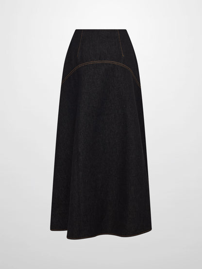 Curved Yoke Aline Denim Skirt - Black