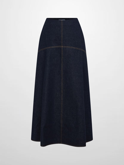 Curved Yoke Aline Denim Skirt - Blue