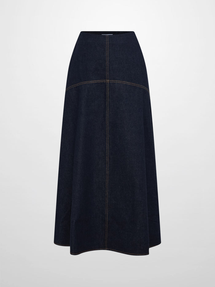 Curved Yoke Aline Denim Skirt - Blue