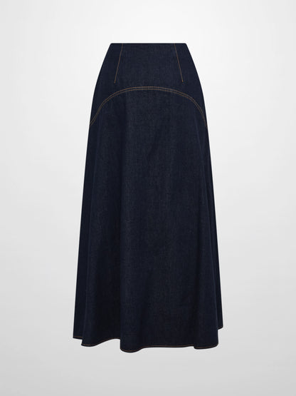 Curved Yoke Aline Denim Skirt - Blue