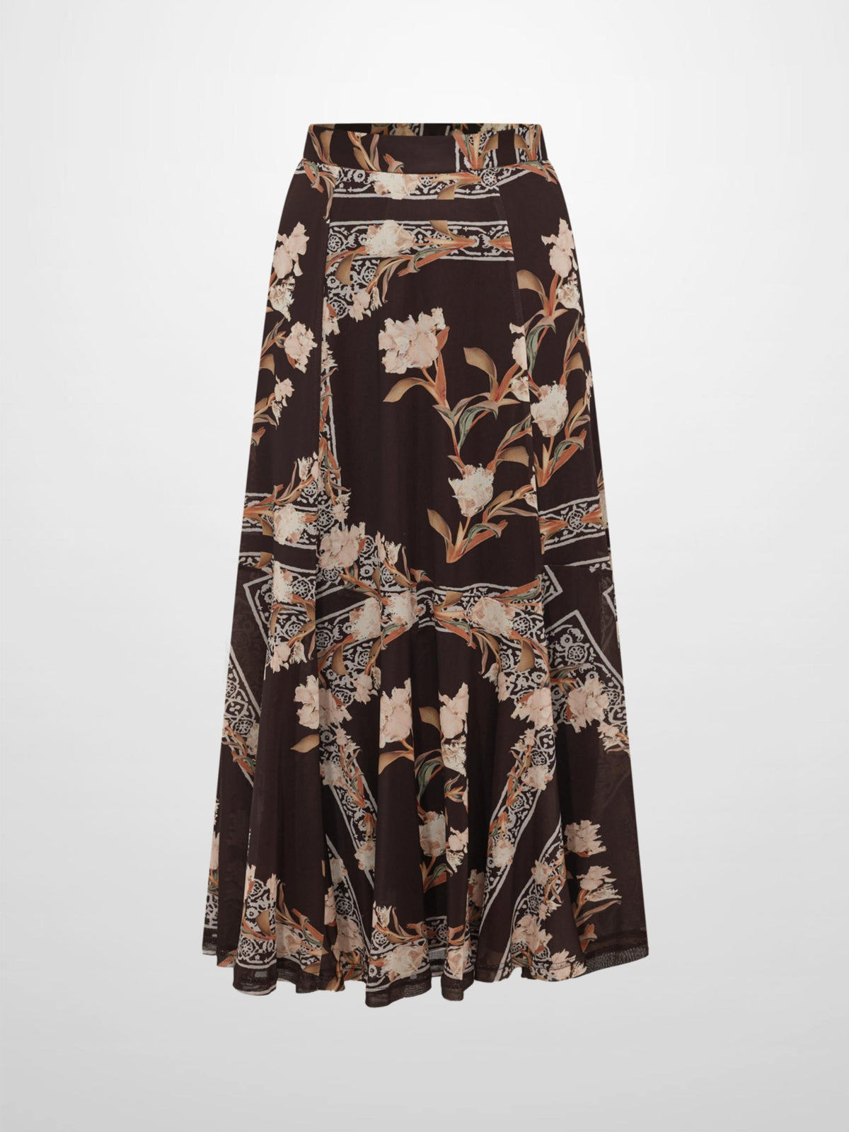 Mesh Trumpet Skirt - Brown Floral