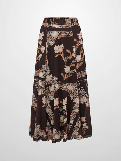 Mesh Trumpet Skirt - Brown Floral