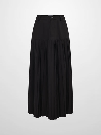 Stitched Pocket Yoke Pleat Skirt - Black