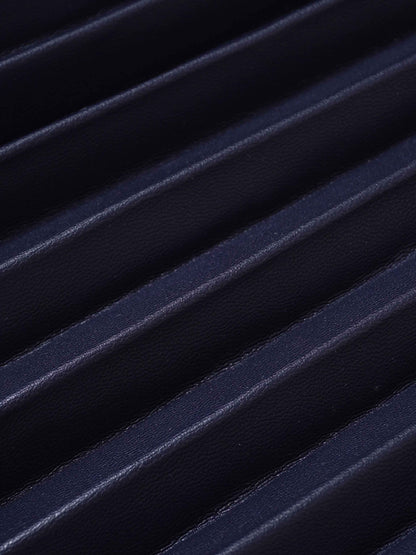 Accordion Pleated Faux Leather Skirt-Navy