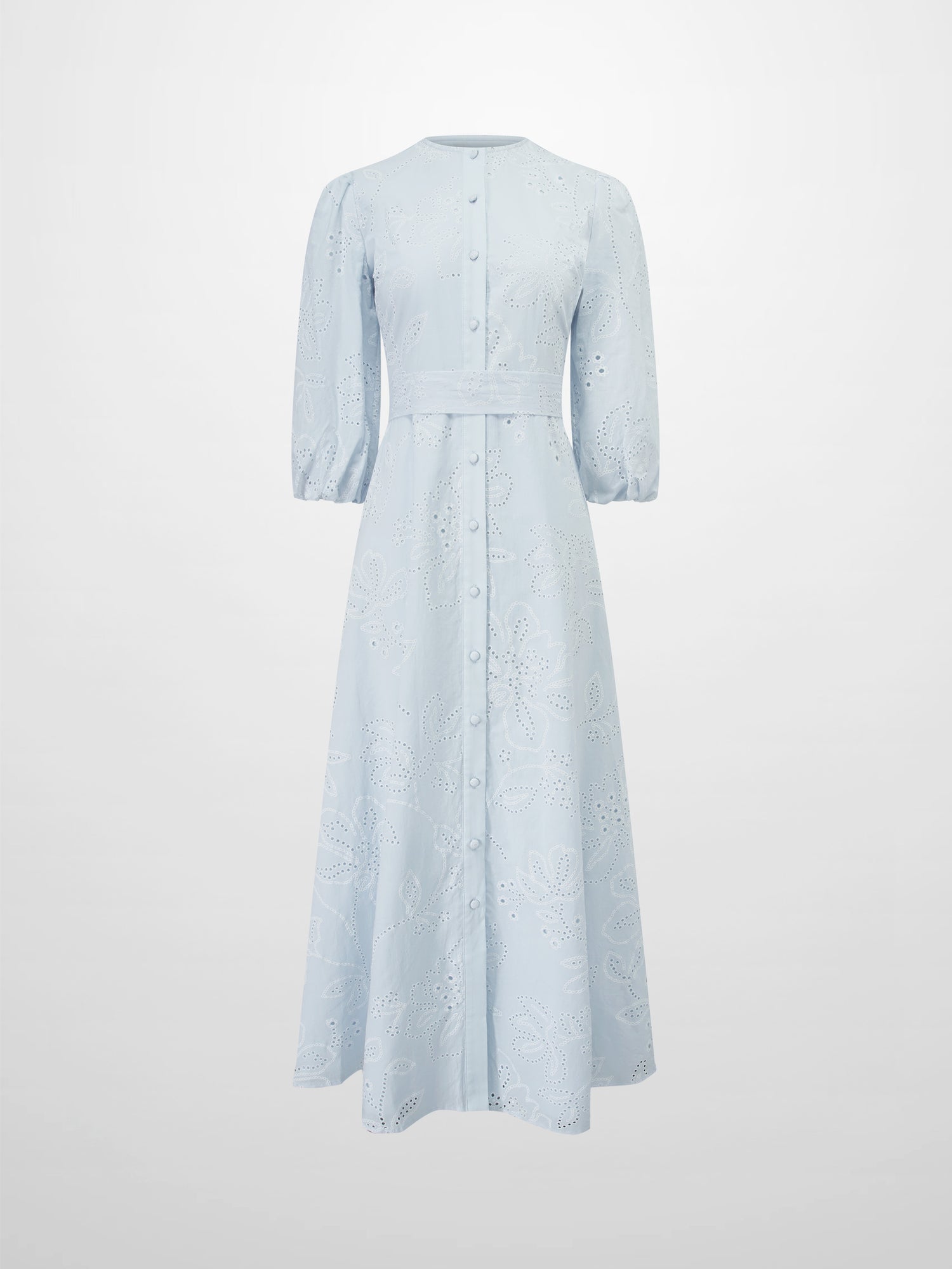Eyelet Belted A-Line  Shirtdress-Light Blue