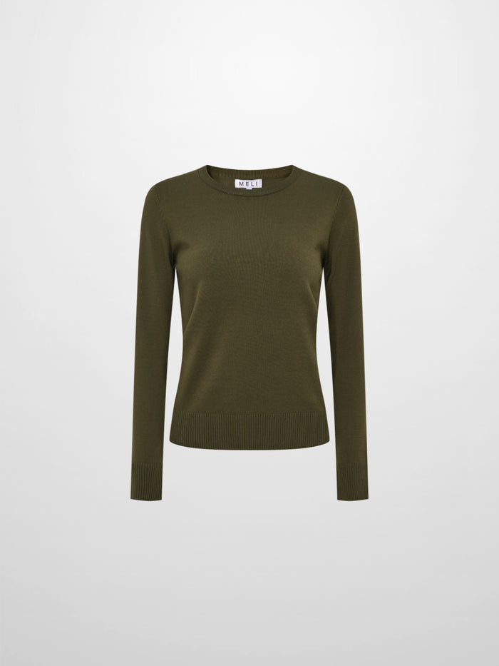 Basic Knit Crew Sweater - Olive Green