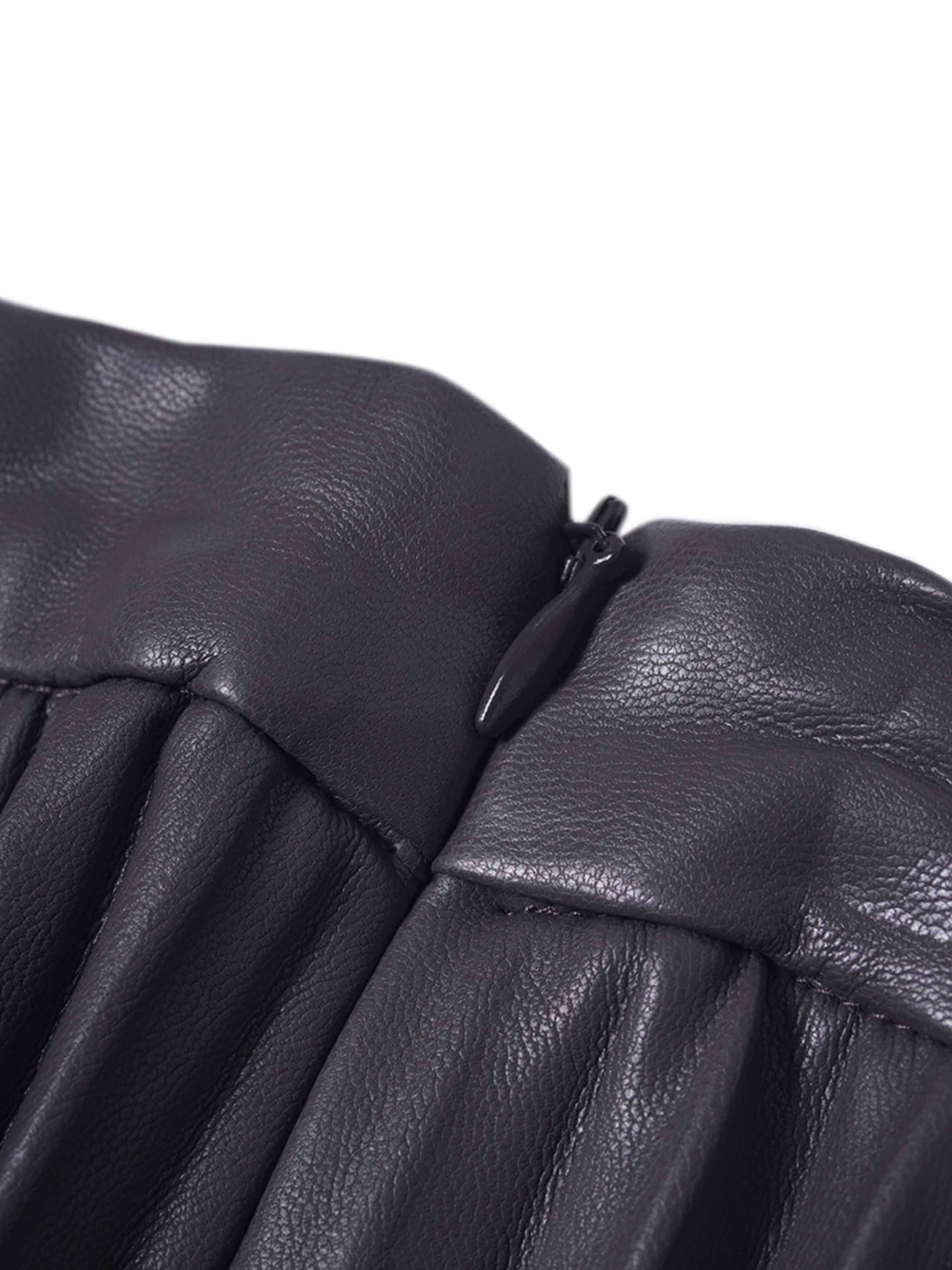Accordion Pleated Faux Leather Skirt-Grey