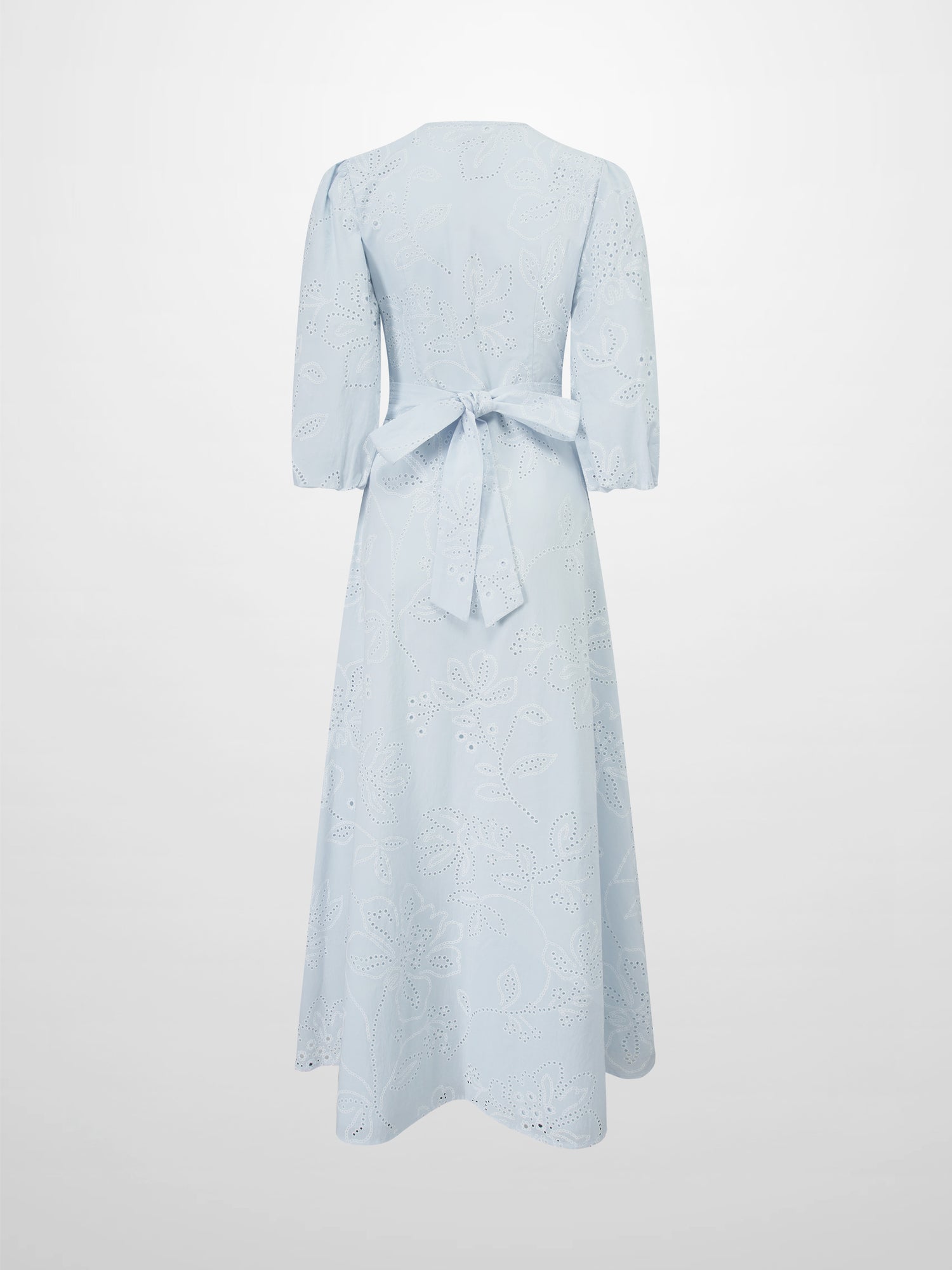Eyelet Belted A-Line  Shirtdress-Light Blue