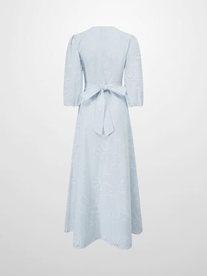 Eyelet Belted A-Line  Shirtdress-Light Blue