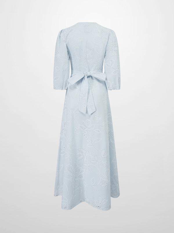 Eyelet Belted A-Line  Shirtdress-Light Blue