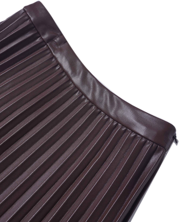 Accordion Pleated Faux Leather Skirt-Brown