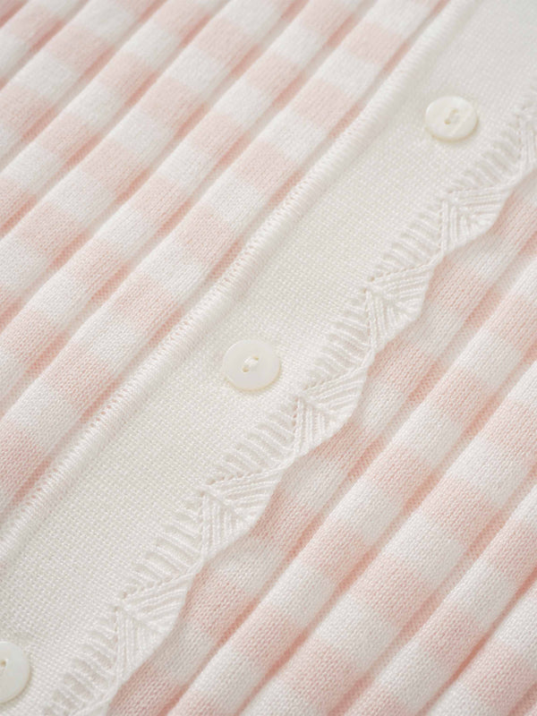 Striped Scalloped Edge Cardigan-Pink/White