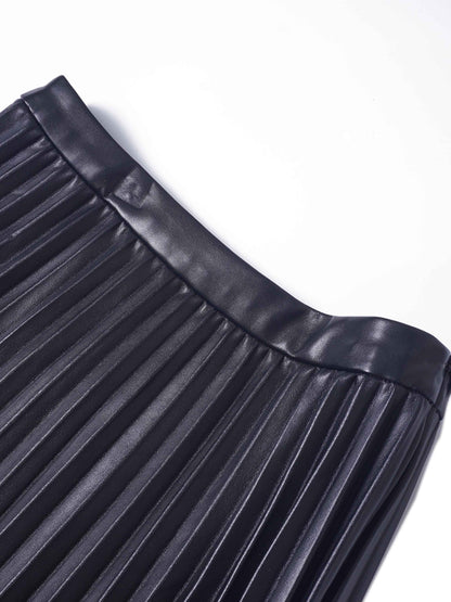 Accordion Pleated Faux Leather Skirt-Black