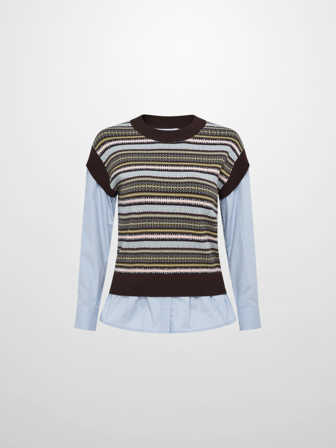 Striped Shirt Sleeve Sweater - Brown Stripe