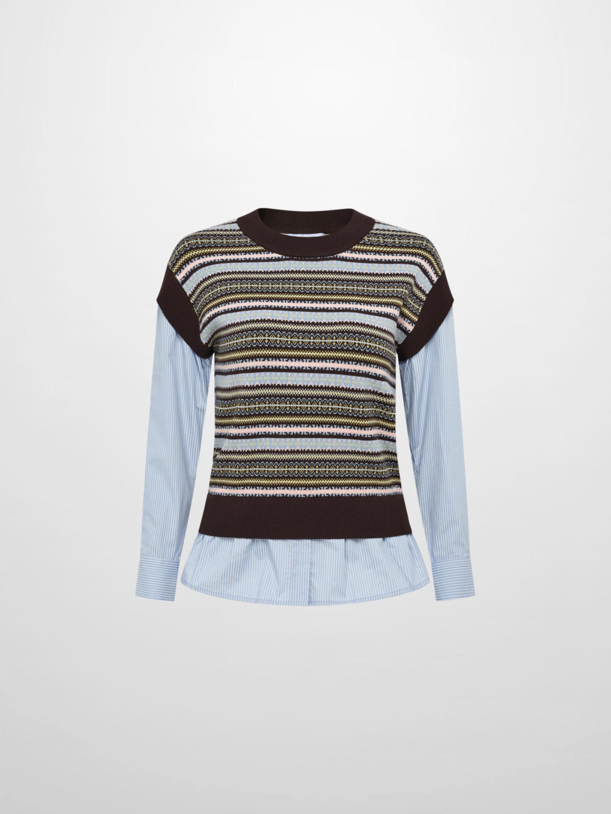 Striped Shirt Sleeve Sweater - Brown Stripe
