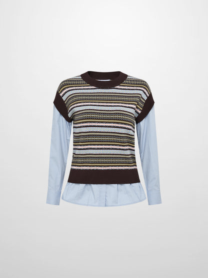 Striped Shirt Sleeve Sweater - Brown Stripe