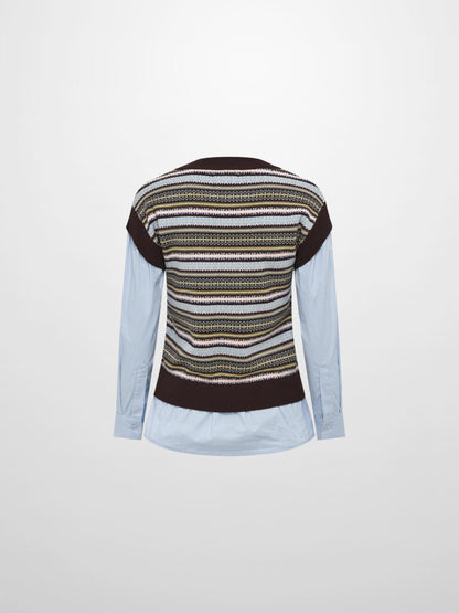 Striped Shirt Sleeve Sweater - Brown Stripe
