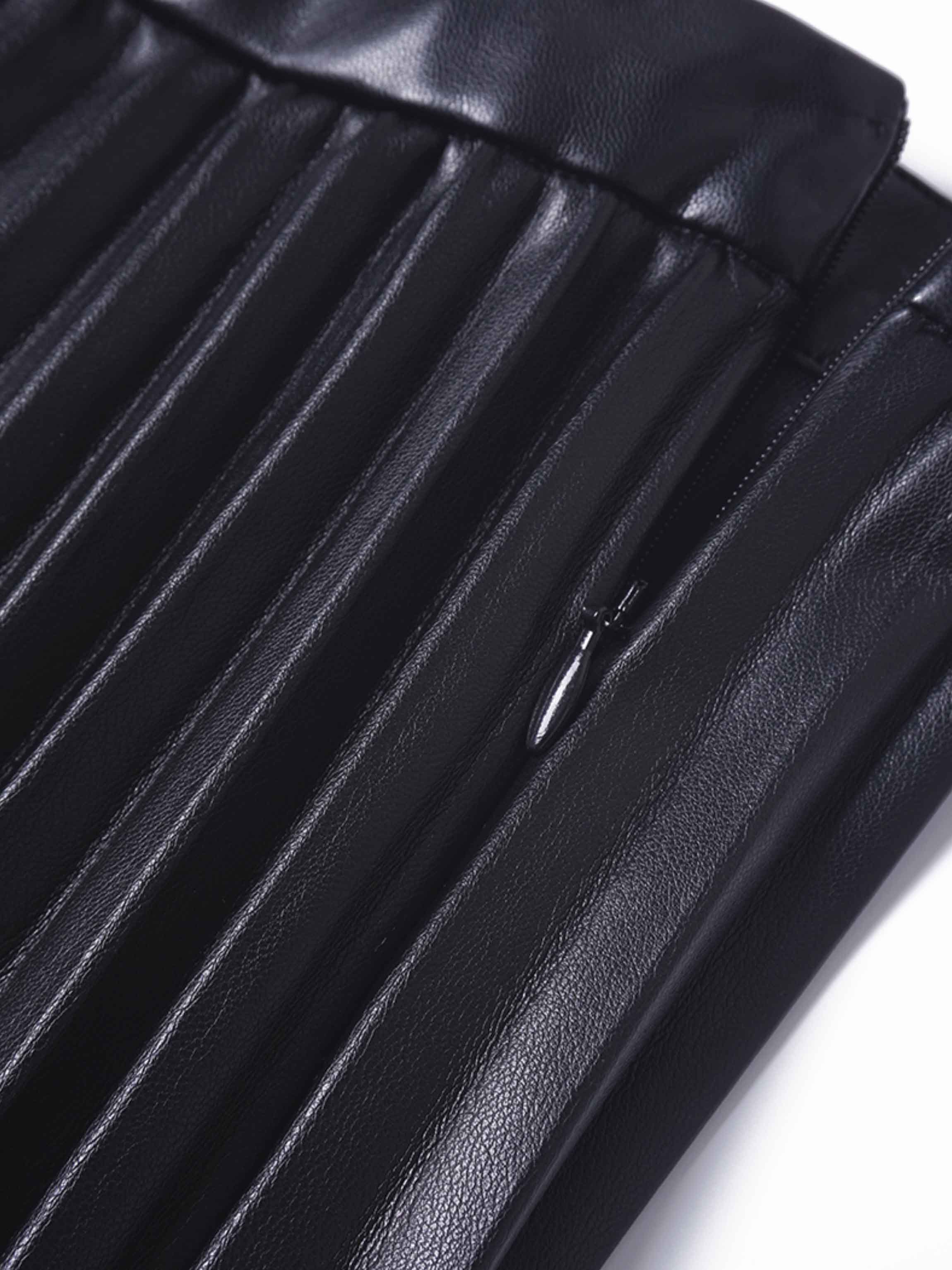 Accordion Pleated Faux Leather Skirt-Black