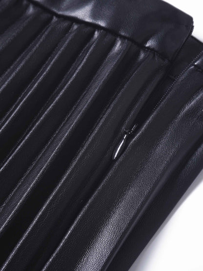 Accordion Pleated Faux Leather Skirt-Black