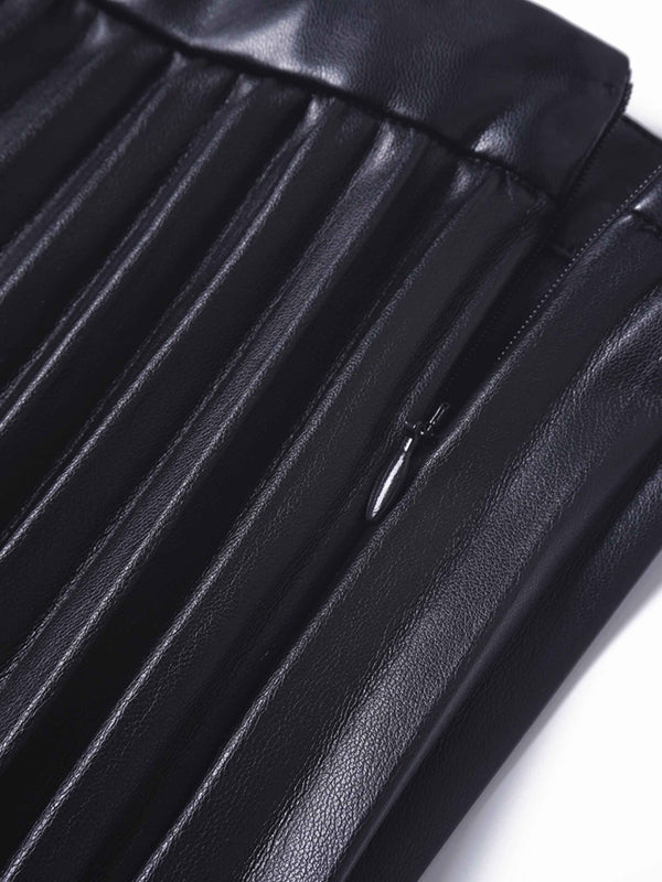 Accordion Pleated Faux Leather Skirt-Black
