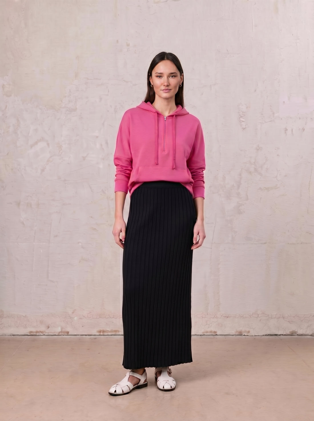 Ribbed Half Zip Hoodie Tee-Hot Pink