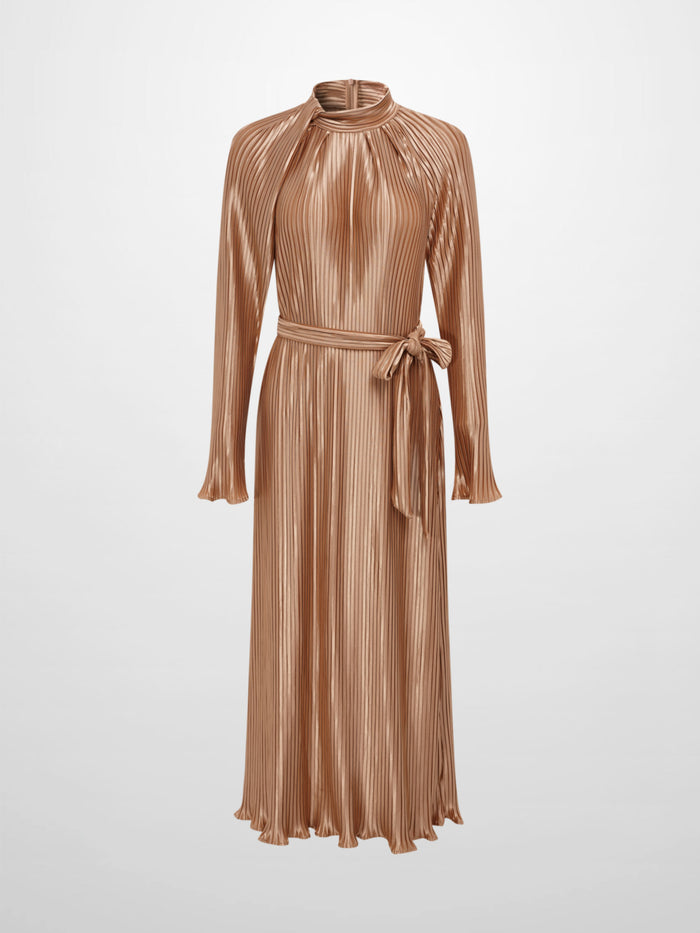 Accordian Pleat Maxi Shift Dress - Champagne