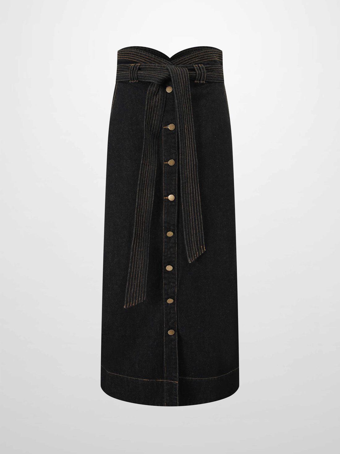 High Waist Button Down Denim Skirt-Black