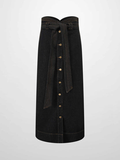 High Waist Button Down Denim Skirt-Black