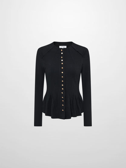 Mini Gold Button Peplum Top - Black