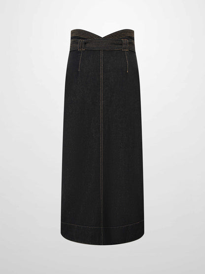 High Waist Button Down Denim Skirt-Black