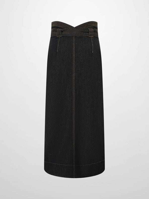 High Waist Button Down Denim Skirt-Black