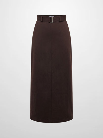 Belted Straight Maxi Skirt - Brown