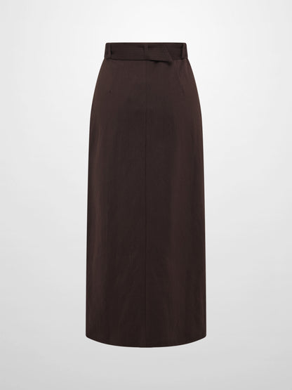 Belted Straight Maxi Skirt - Brown